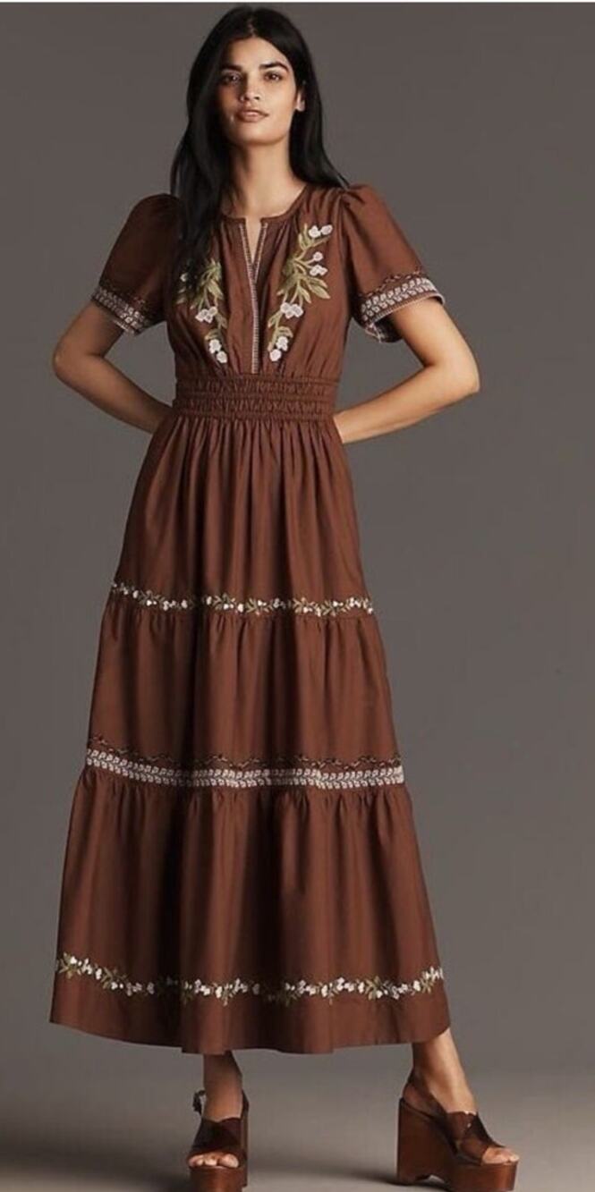 Anthropologie Somerset Floral Embroidered Maxi Dress Cottagecore $189 XXS Brown
